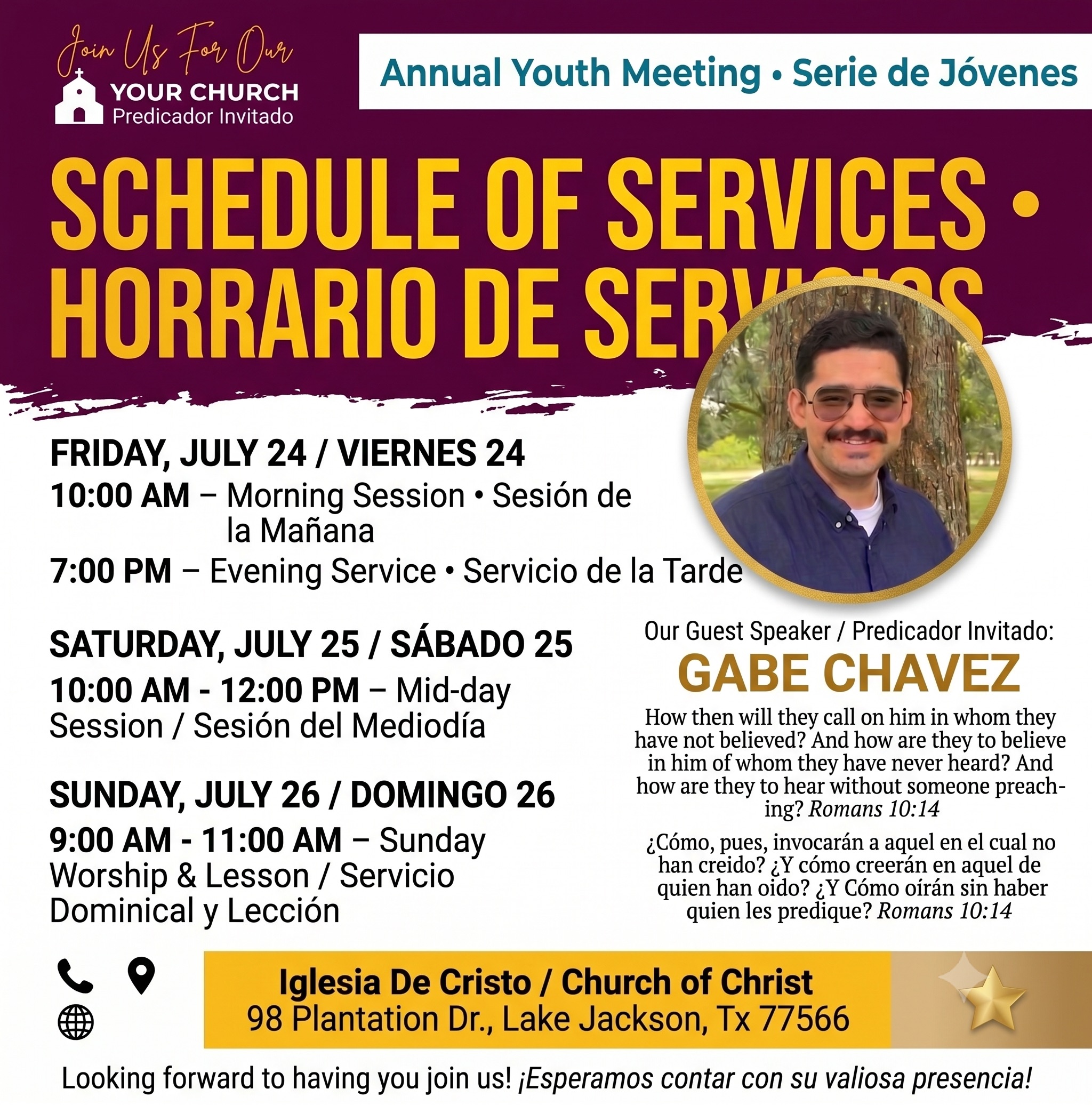 AI-assisted bilingual church flyer sample showing service times, guest speaker, and location details