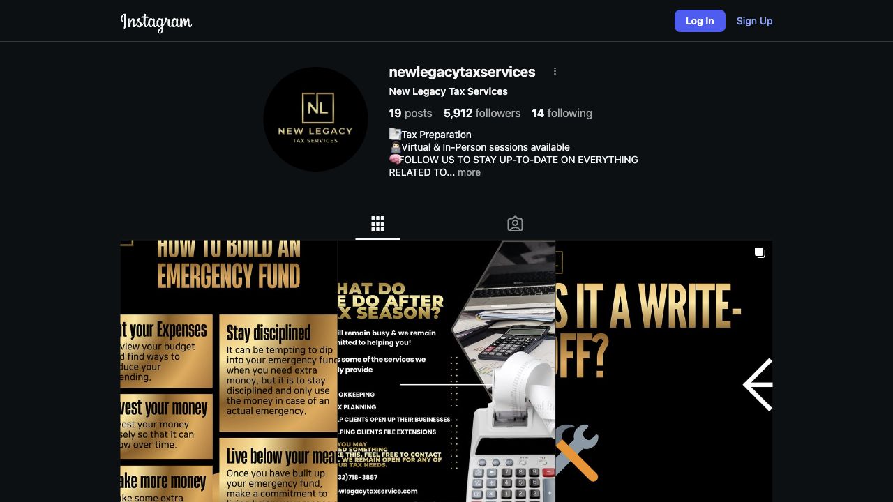 Instagram profile preview for New Legacy Tax Services