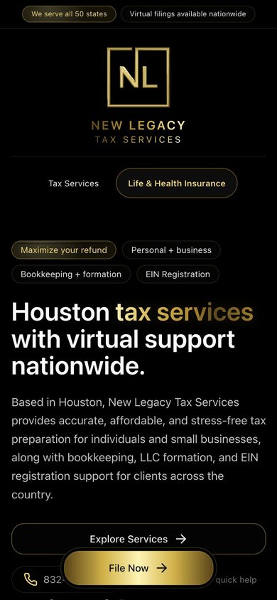 New Legacy Tax Services homepage shown on a phone